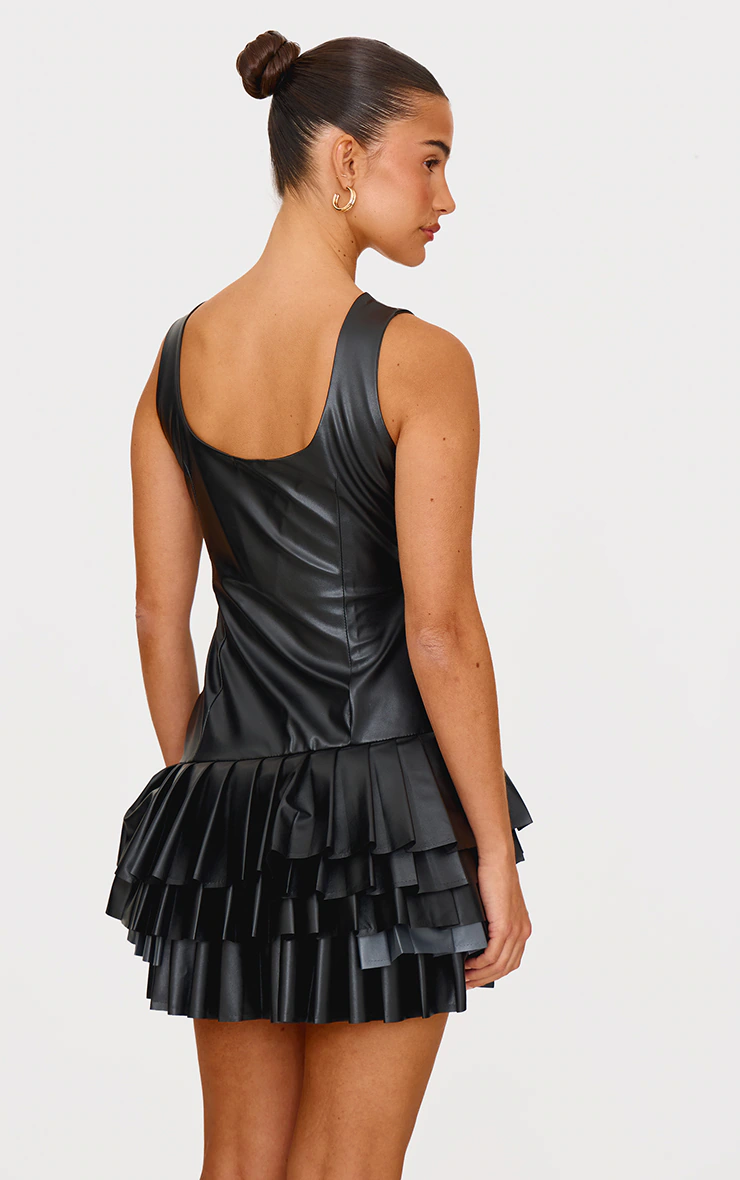 Black Faux Leather Pleated Asymmetric Mini Dress