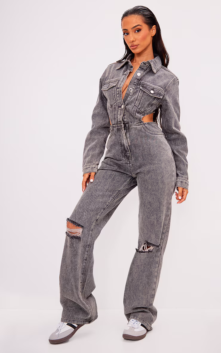 Petite Washed Grey Denim Cut Out Jumpsuit