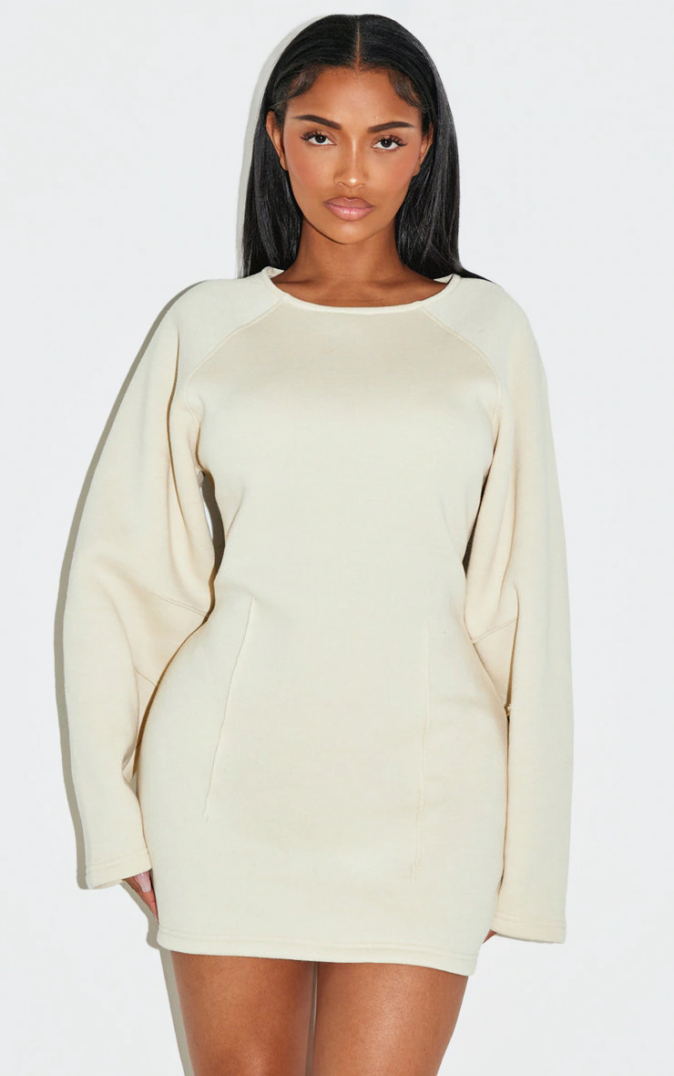 Shape Cream Cinched Waist Cocoon Sleeve Sweatshirt Dress