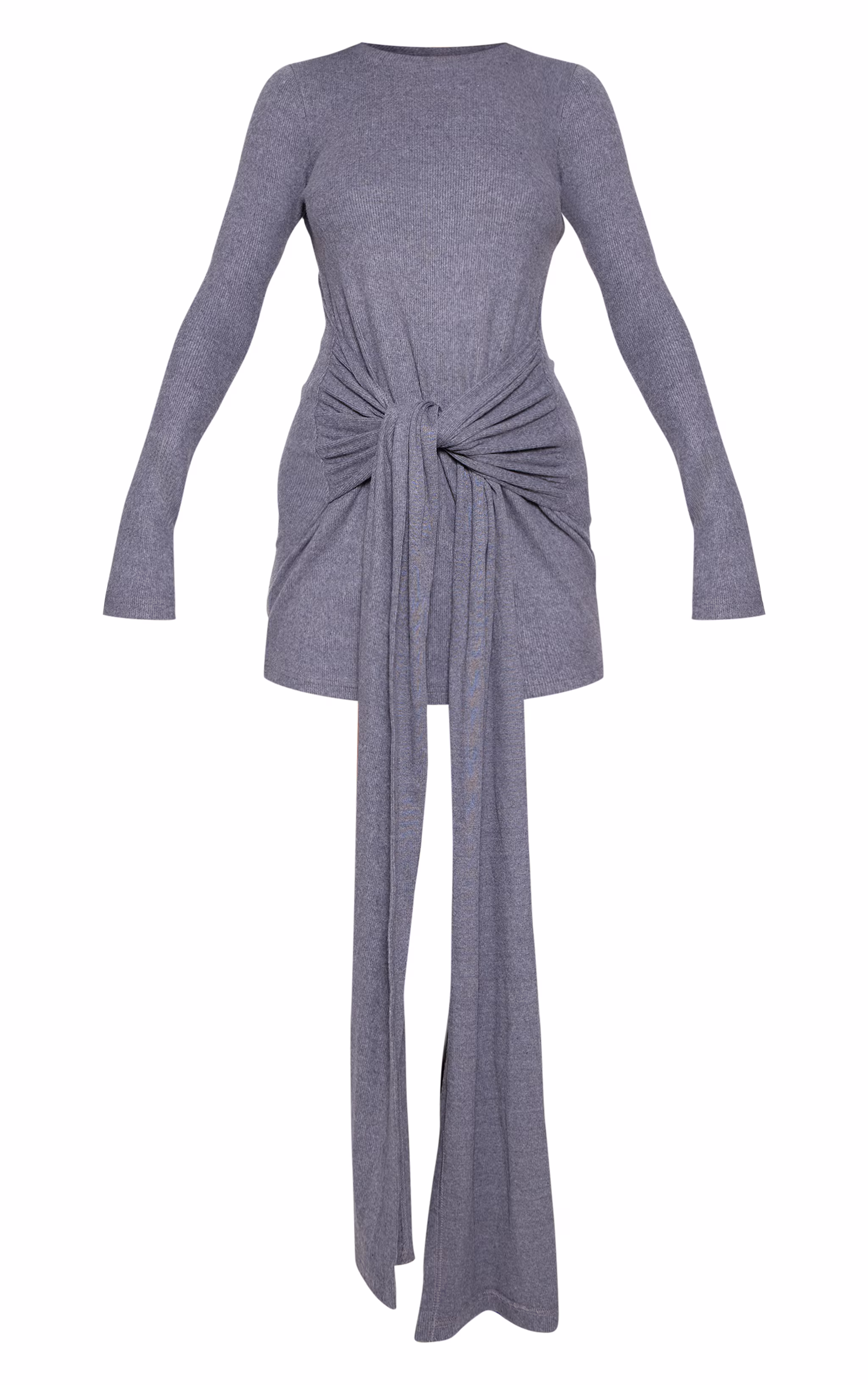 Charcoal Heavy Brushed Rib Wrap Tie Bodycon Dress
