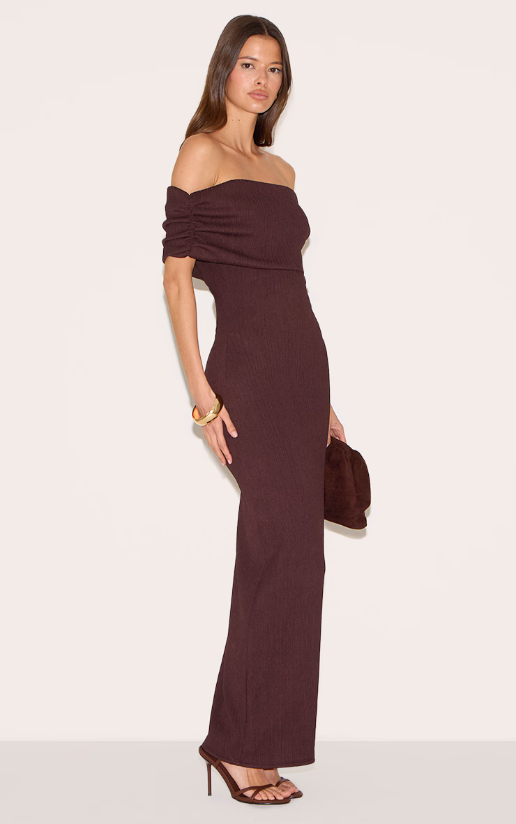 Chocolate Textured Fold Over Bardot Maxi Dress