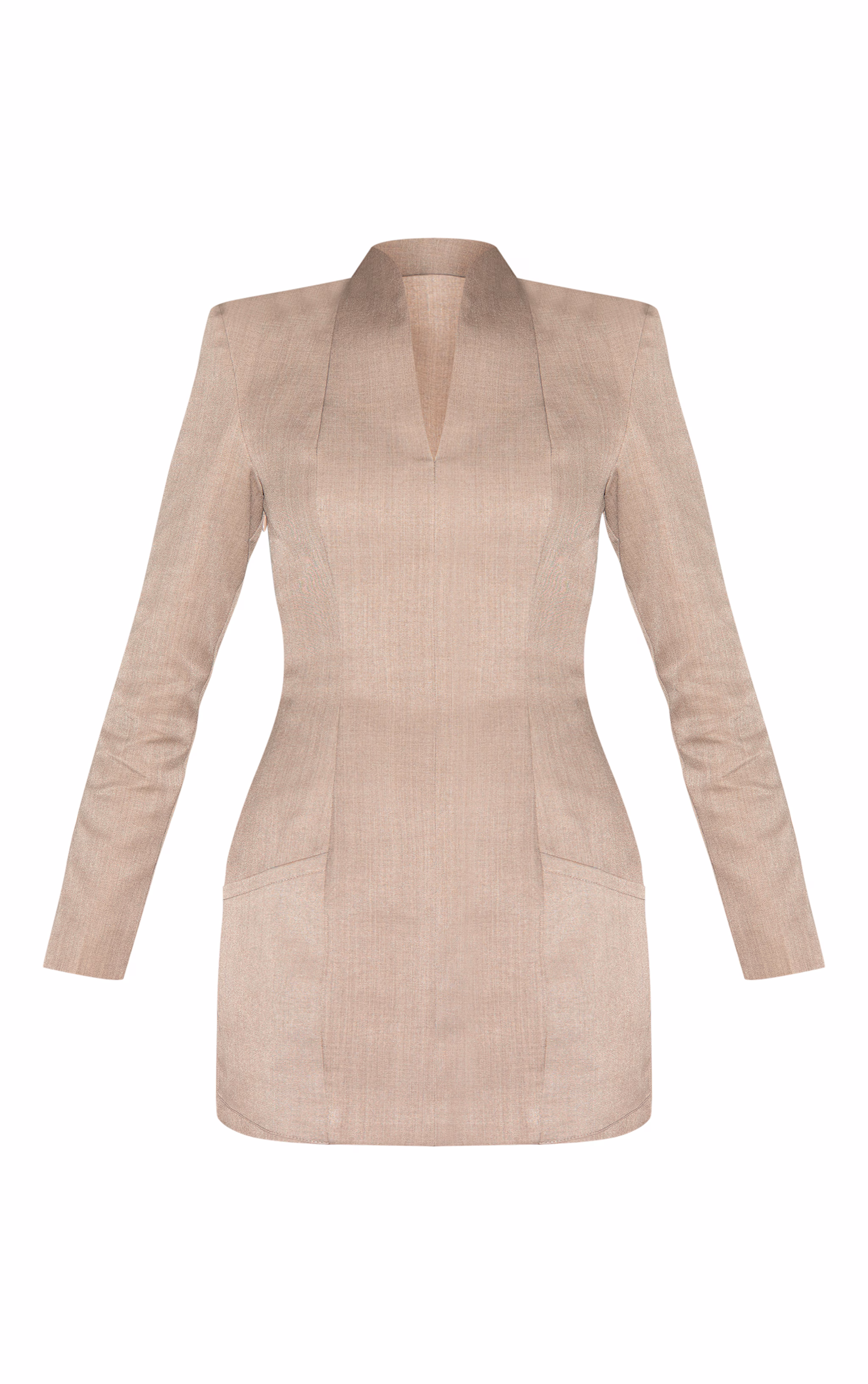 Taupe Woven Collarless Long Sleeve Blazer Dress