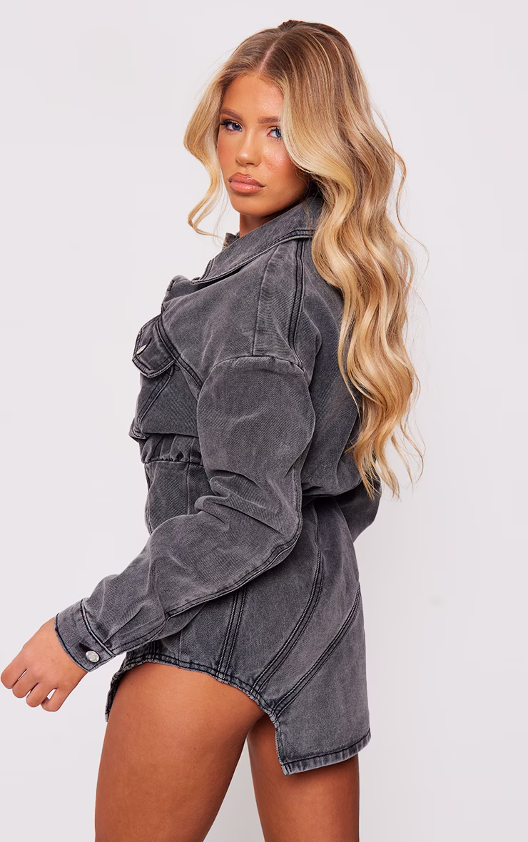 Washed Grey Seam Detail Curved Hem Denim Mini Dress