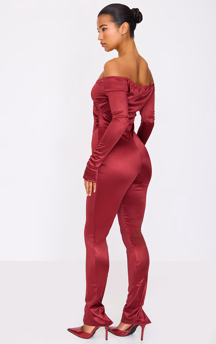 Burgundy Stretch Satin Cross Front Bardot Split Hem Jumpsuit