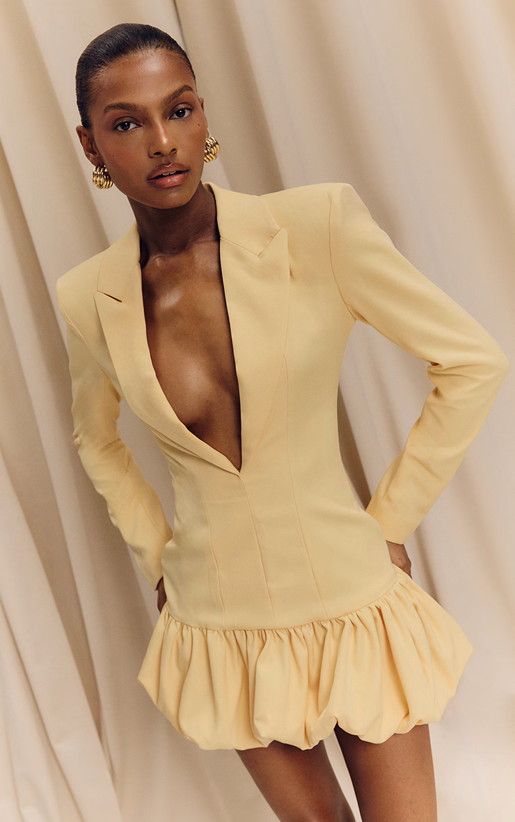 Lemon Plunge Puff Hem Blazer Dress