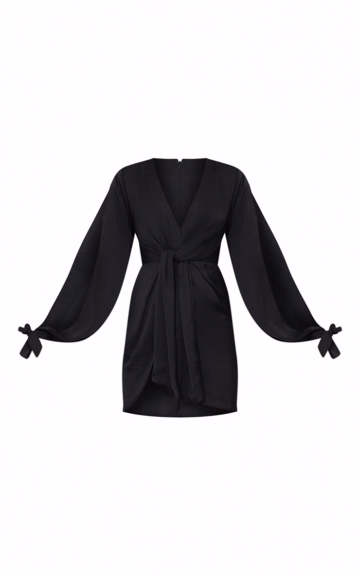 Black Satin Twist Front Open Sleeve Wrap Dress