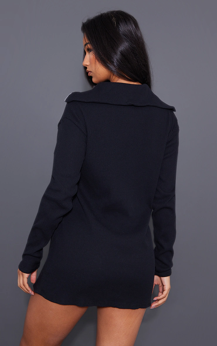 Black Rib High Neck Half Zip Oversized Sweater Dress