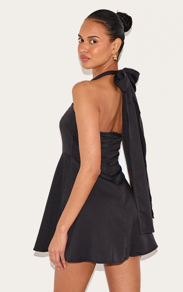 Black Woven Tie Neck Shift Dress