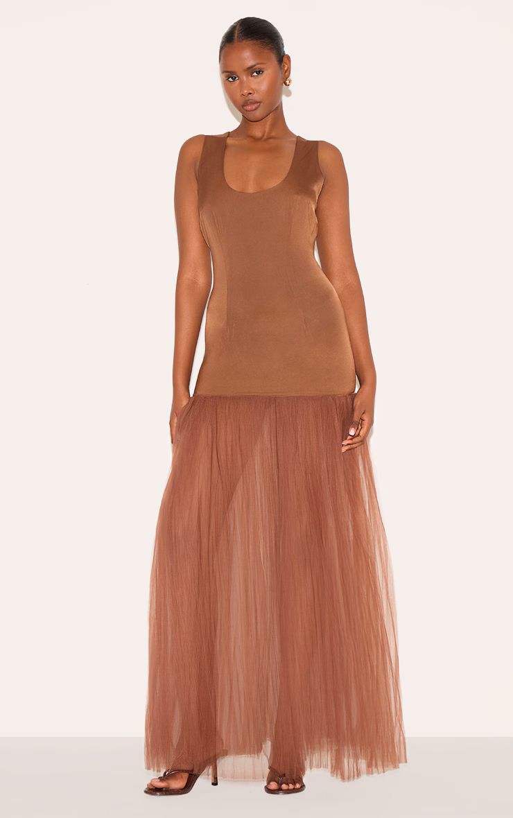 Chocolate Scoop Neck Drop Waist Maxi Dress