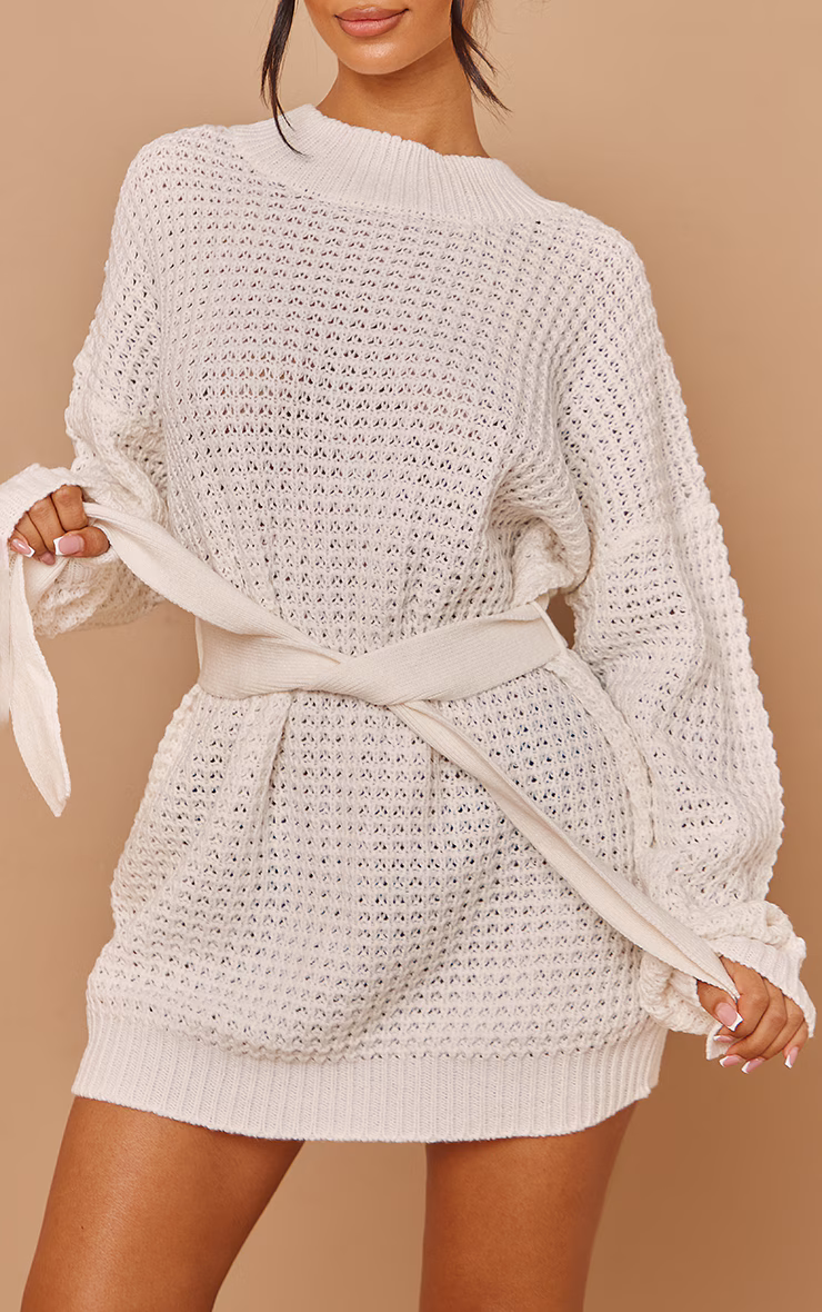 Petite Cream Soft Touch Belted Knit Sweater Dress
