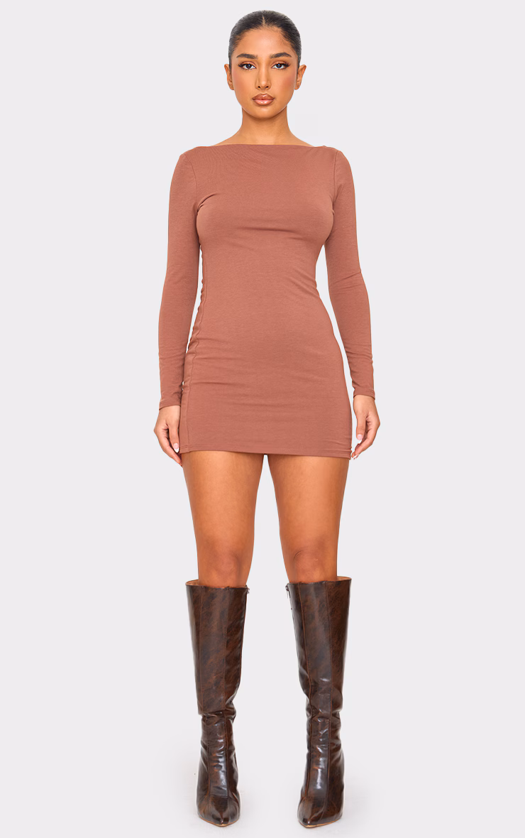 Petite Chocolate Contour Jersey Boat Neck Long Sleeve Dress