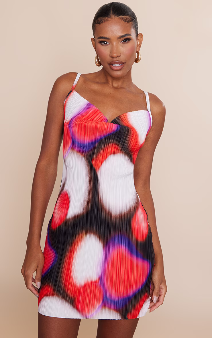 Pink Abstract Print Plisse Cowl Strappy Bodycon Dress