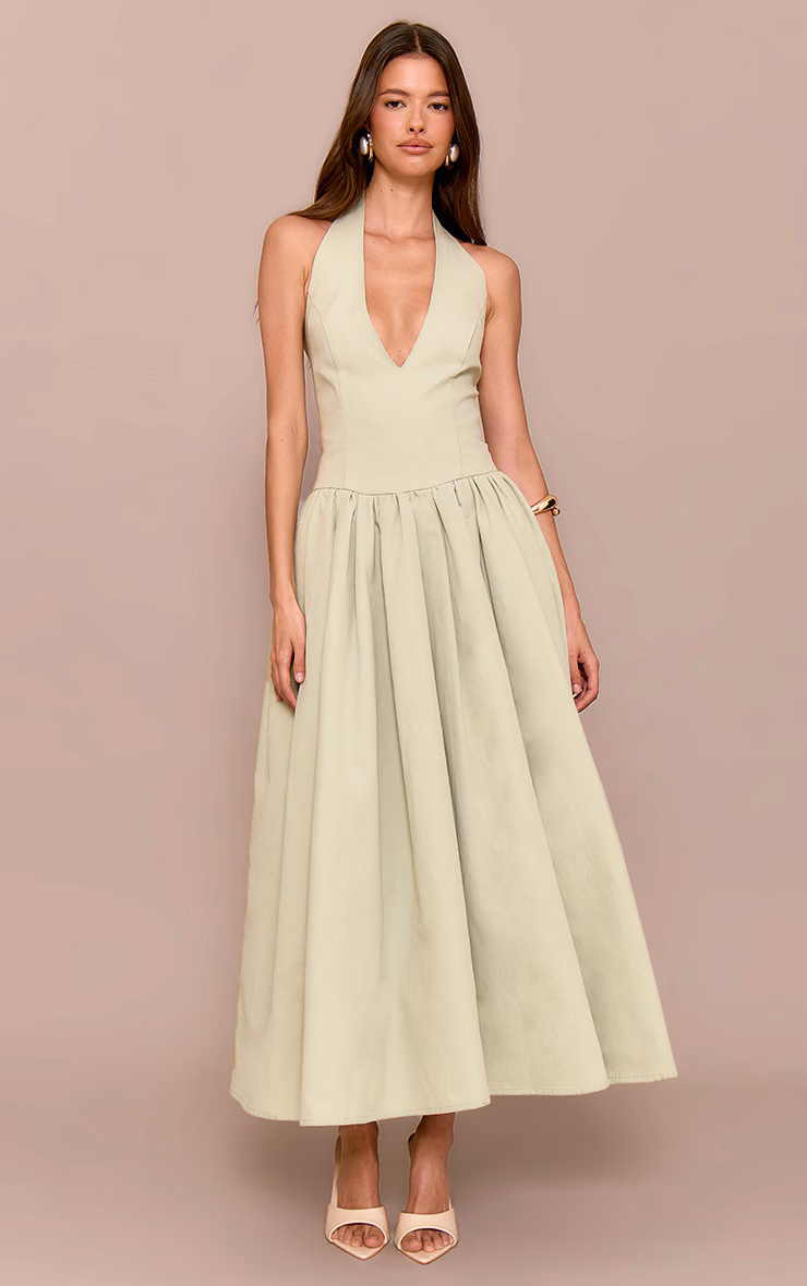 Sage Green Halterneck Tie Detail Ruched Midaxi Dress