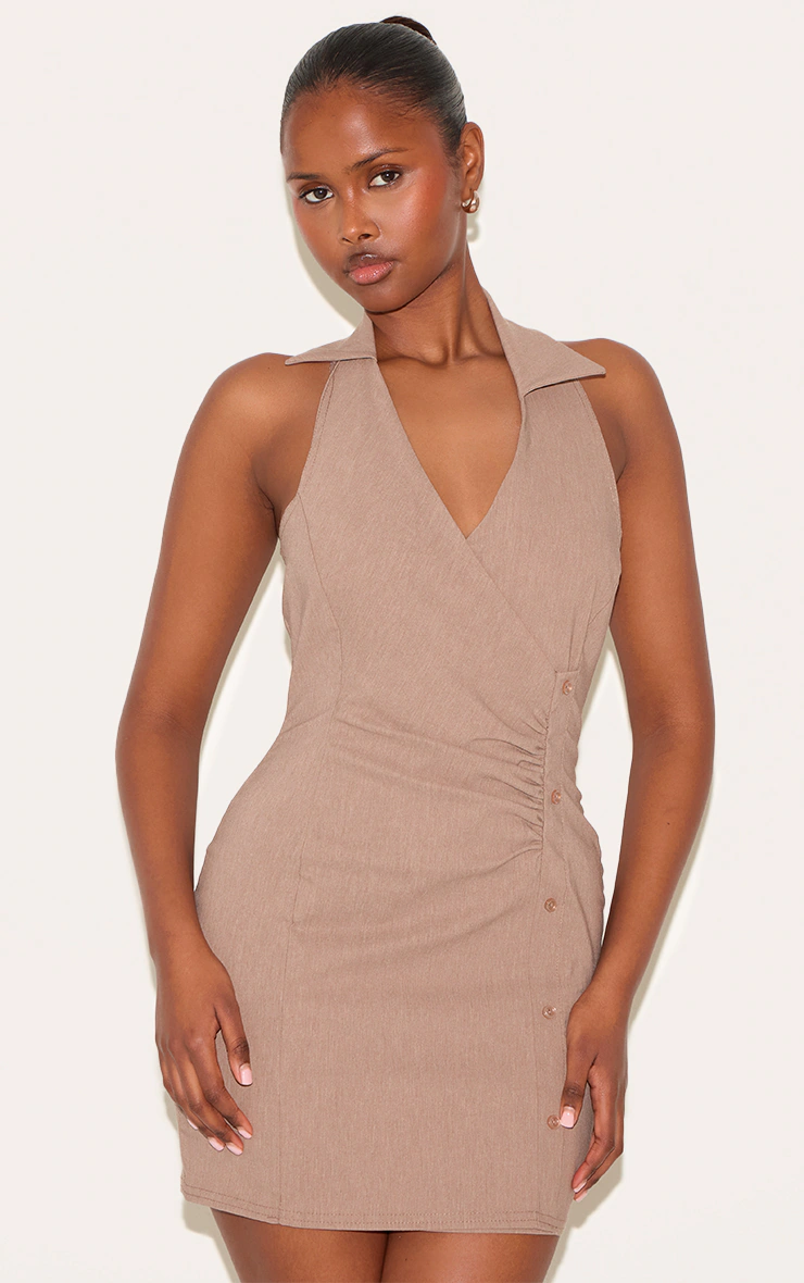 Taupe Asymmetric Button Down Collar Detail Bodycon Dress