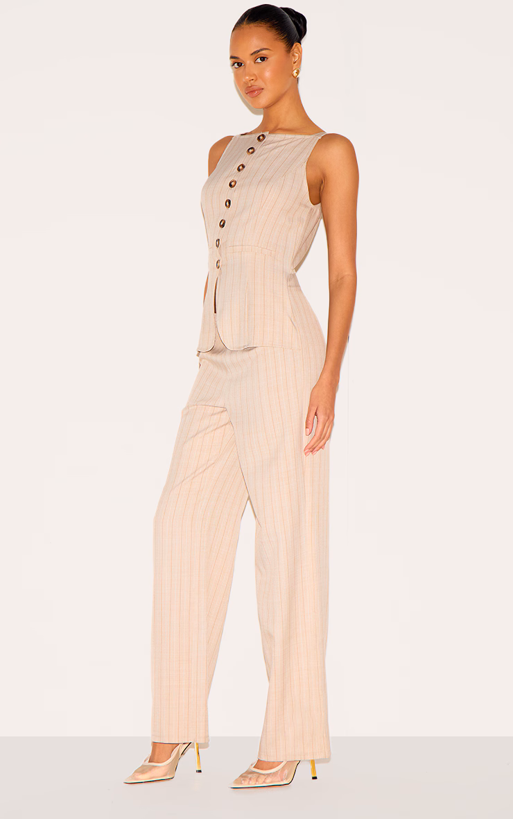 Stone Pinstripe Linen Button Down Peplum Hem Jumpsuit