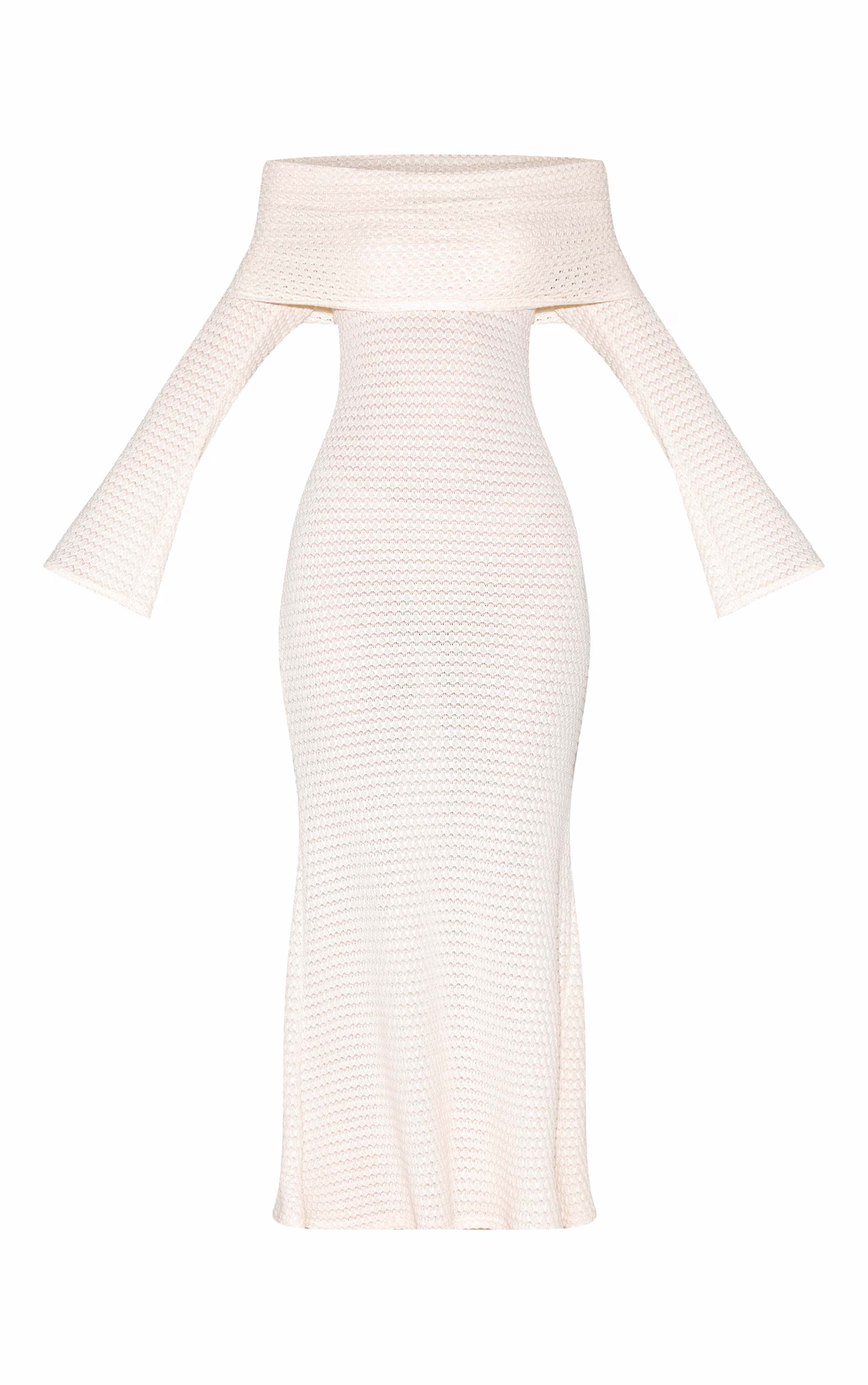 Cream Textured Extreme Bardot Long Sleeve Maxi Dress