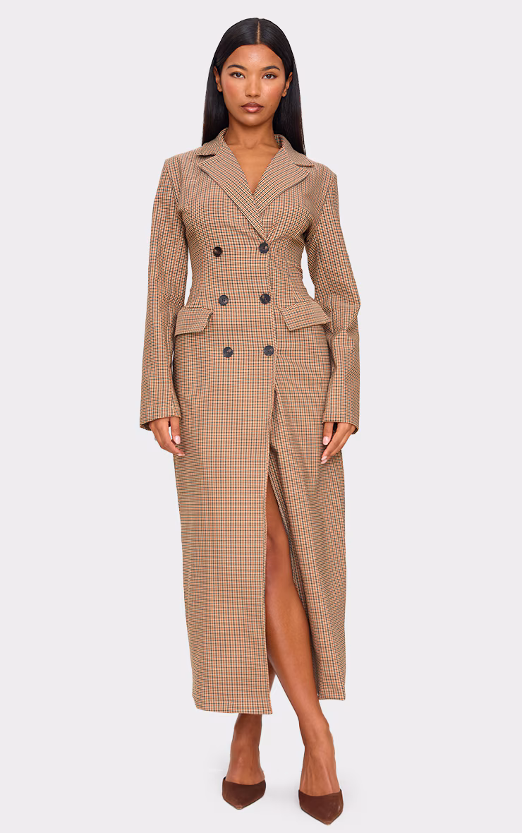 Brown Check Woven Blazer Maxi Dress