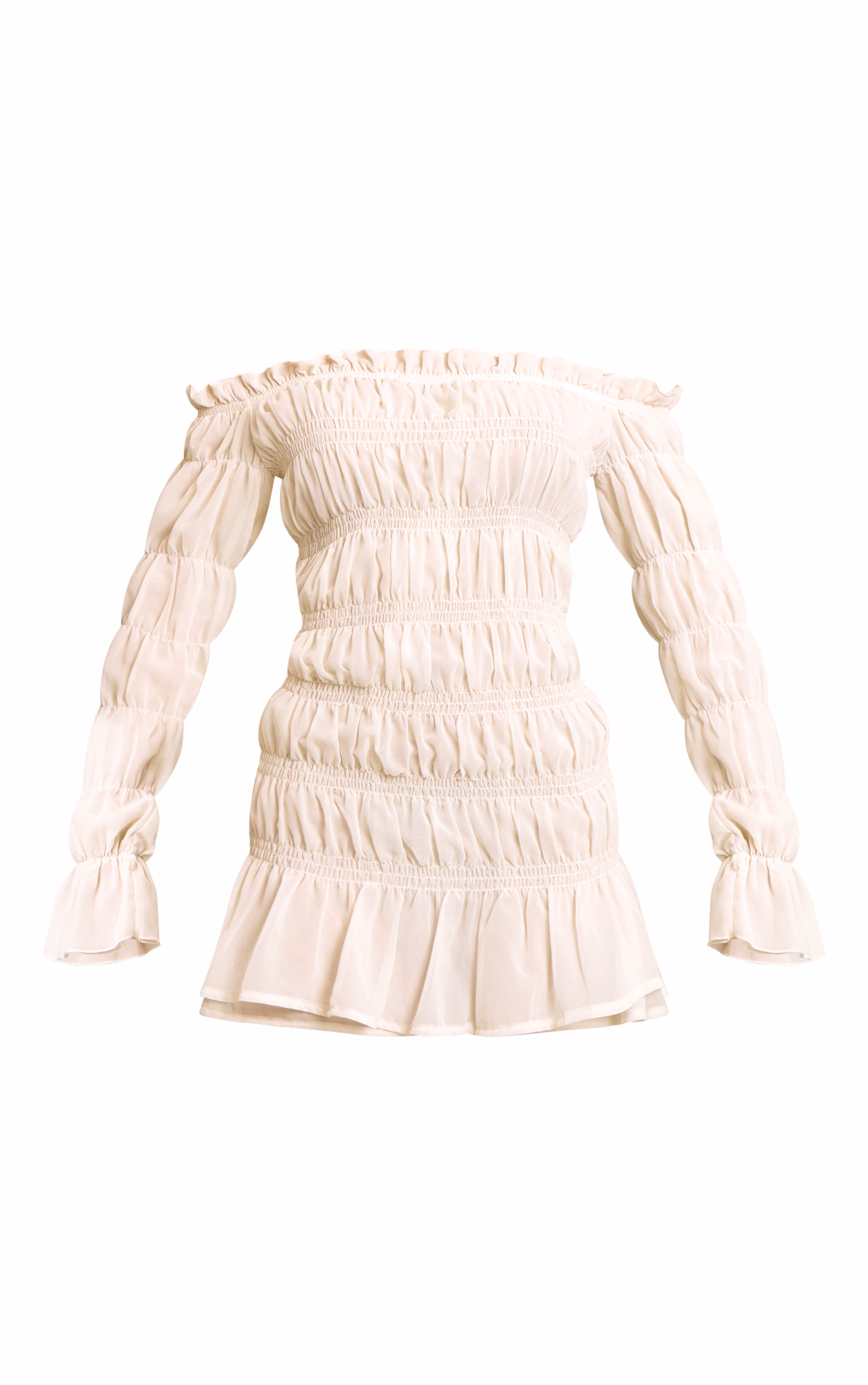 Cream Chiffon Bardot Long Sleeve Ruched Bodycon Dress