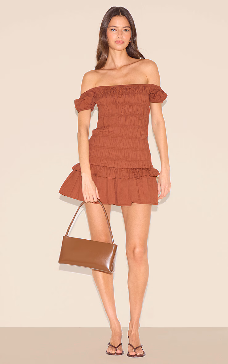 Chocolate Bardot Shirred Detail Shift Dress