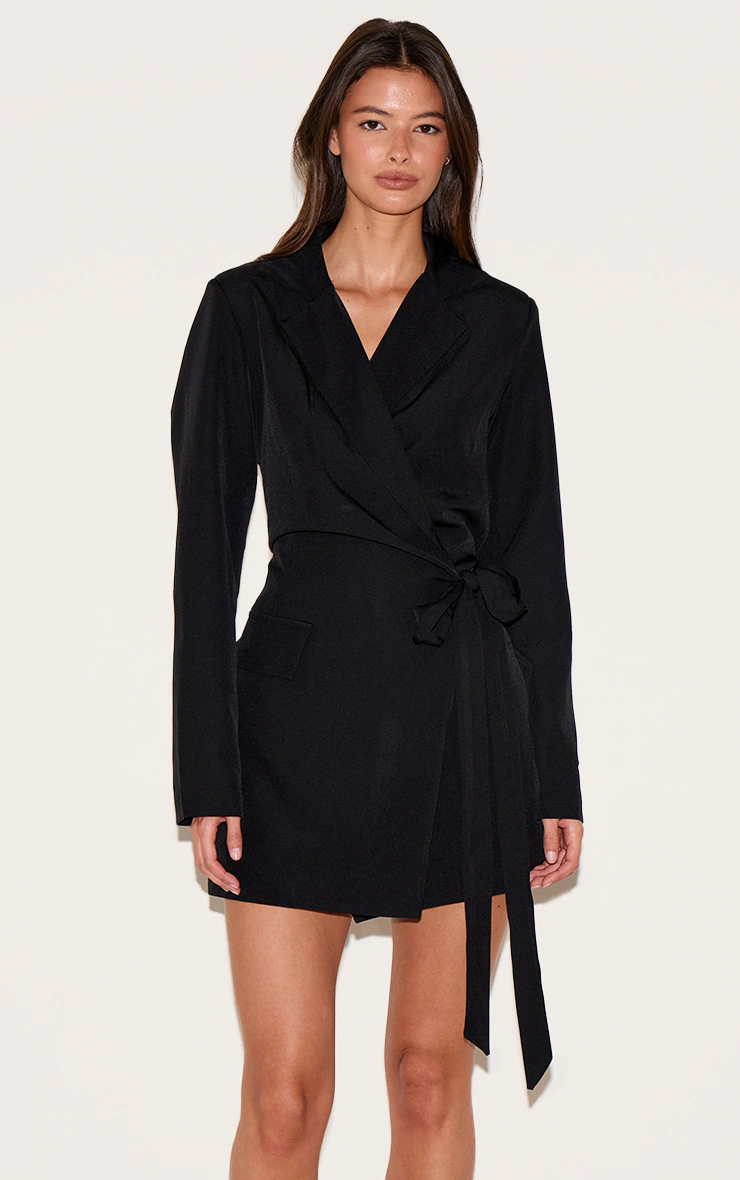 Black Woven Wrap Tie Blazer Dress