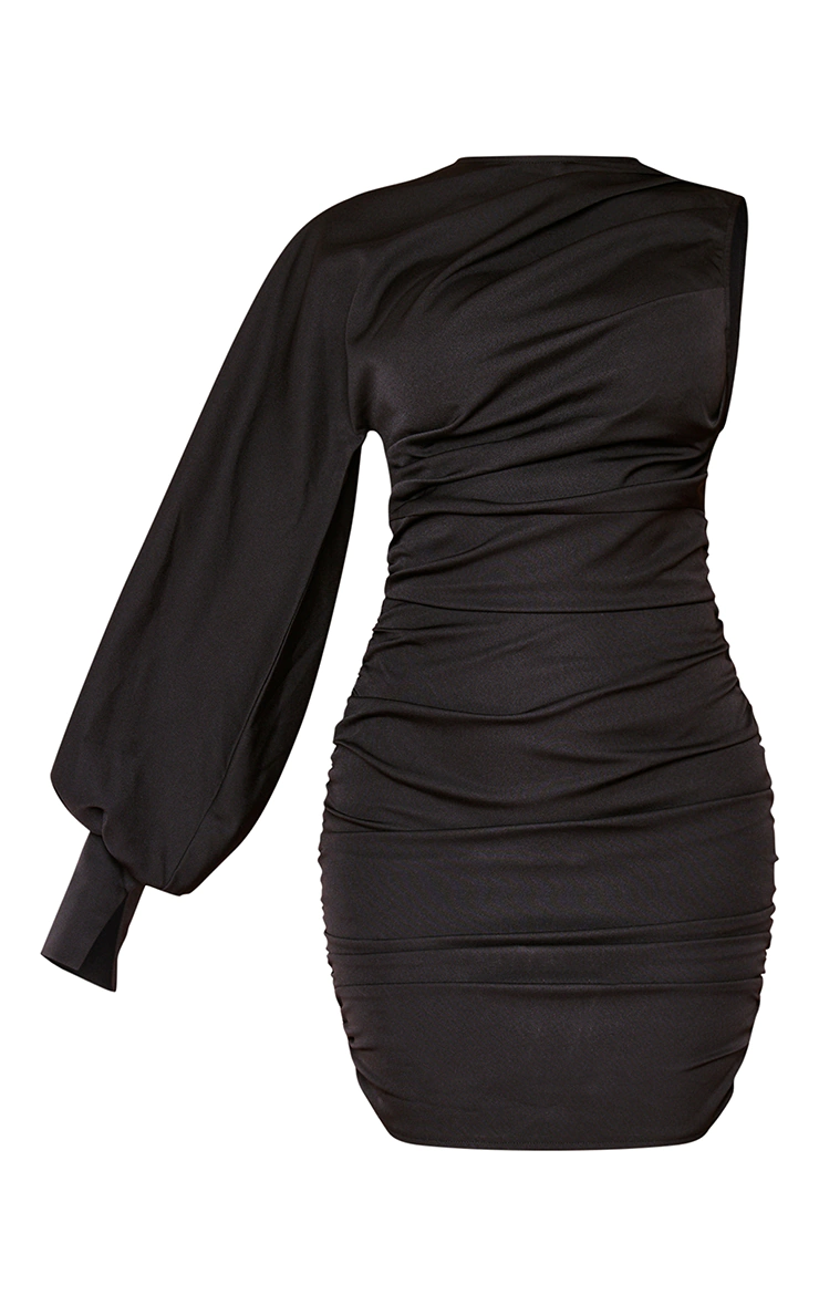 Black One Sleeve Ruched Woven Bodycon Dress