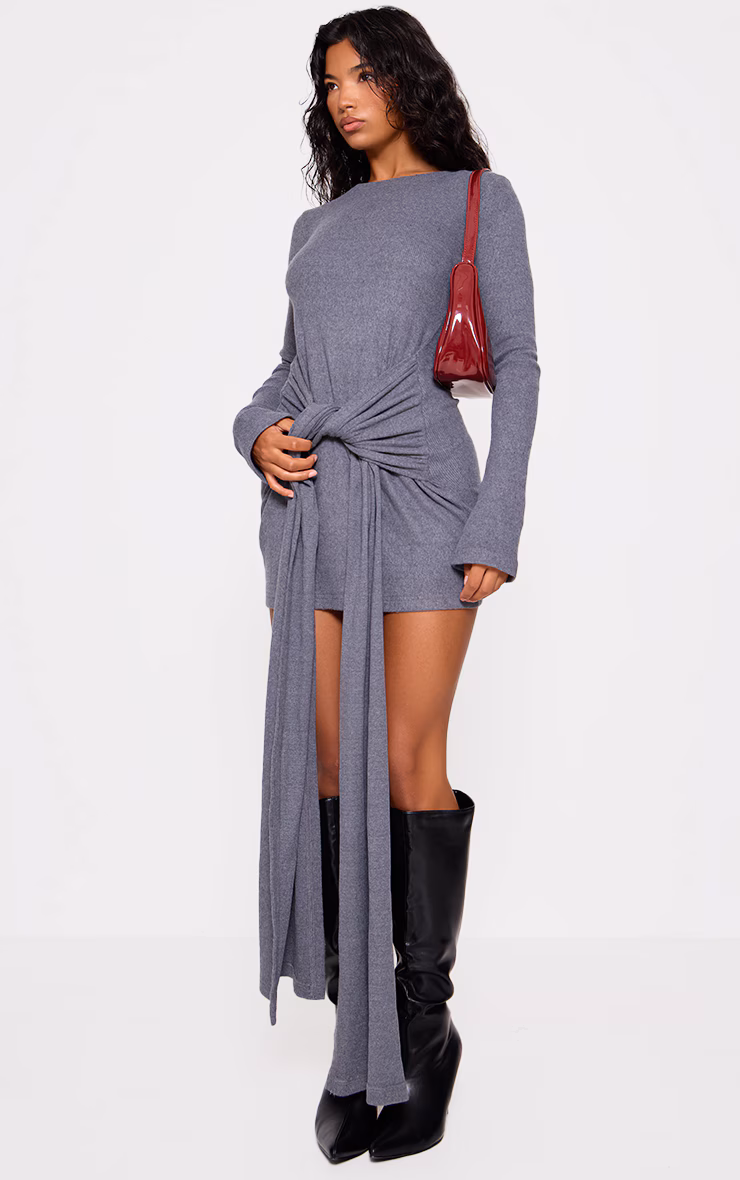 Charcoal Heavy Brushed Rib Wrap Tie Bodycon Dress
