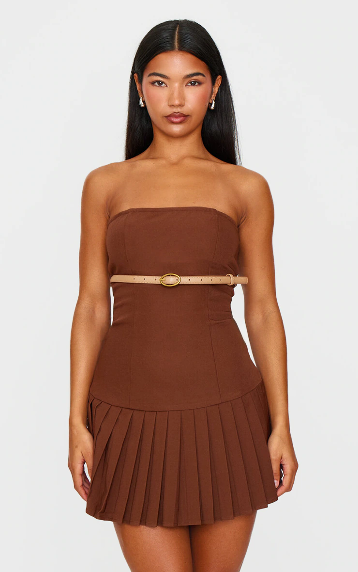 Chocolate Brown Belted Pleated Skirt Bodycon Dress