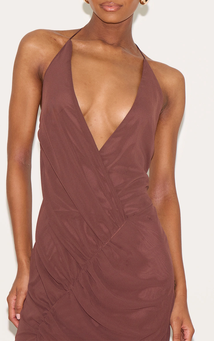 Chocolate Chiffon Asymmetric Ruched Maxi Dress