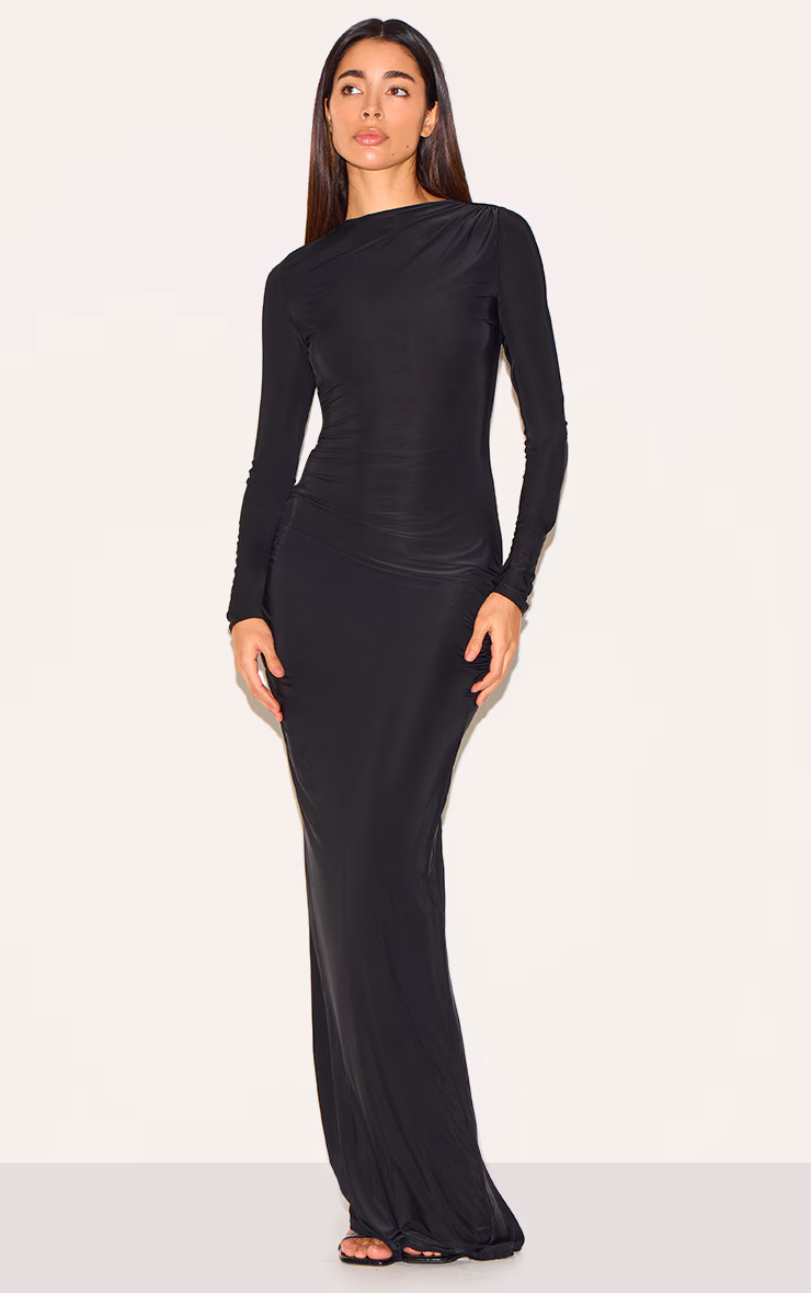 Black Slinky Long Sleeve Open Back Maxi Dress