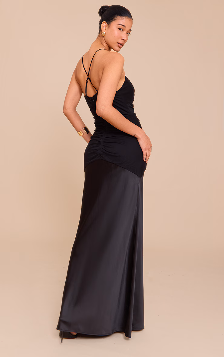 Black Ruched Detail Satin Maxi Slip Dress