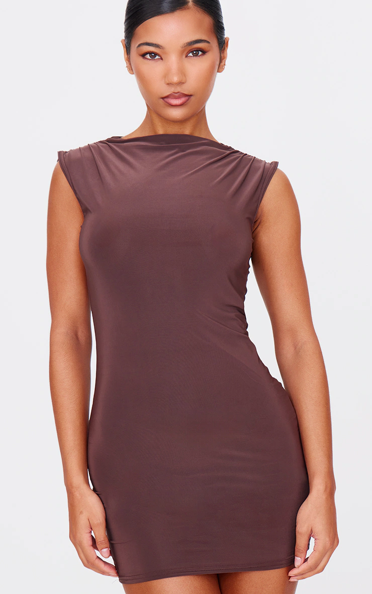 Chocolate Slinky High Neck Ruched Mini Dress