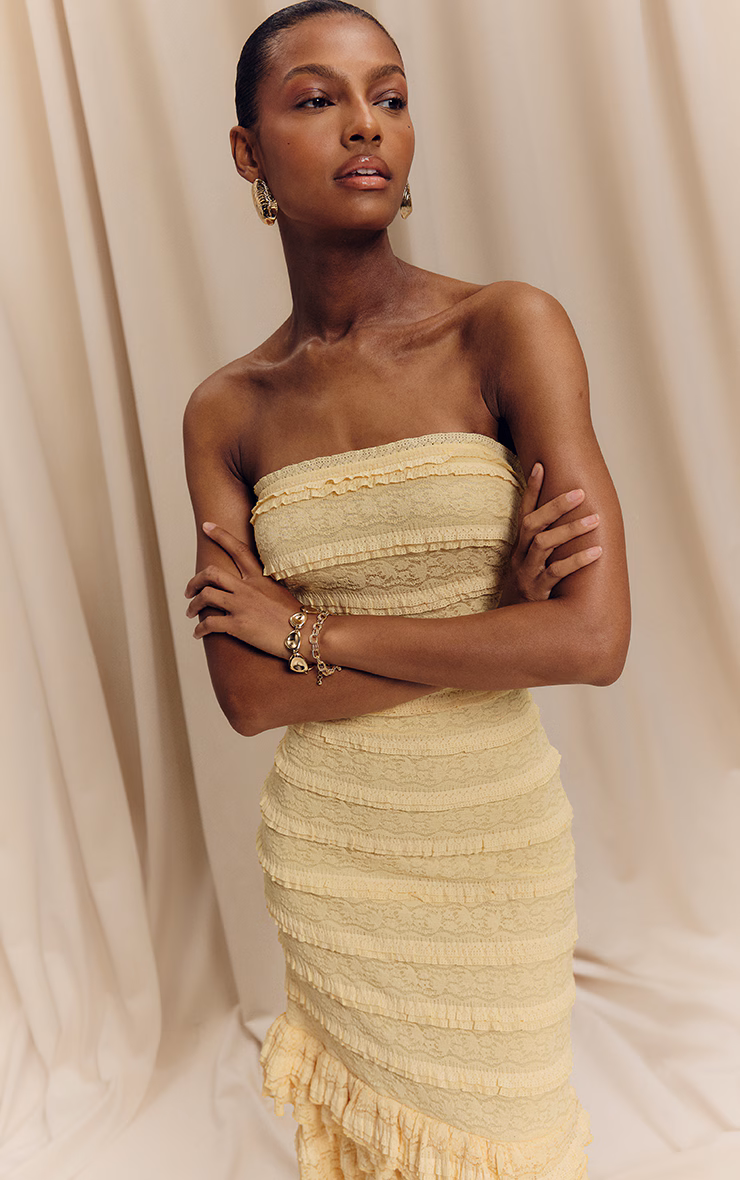 Lemon Textured Lace Frill Tiered Midaxi Dress