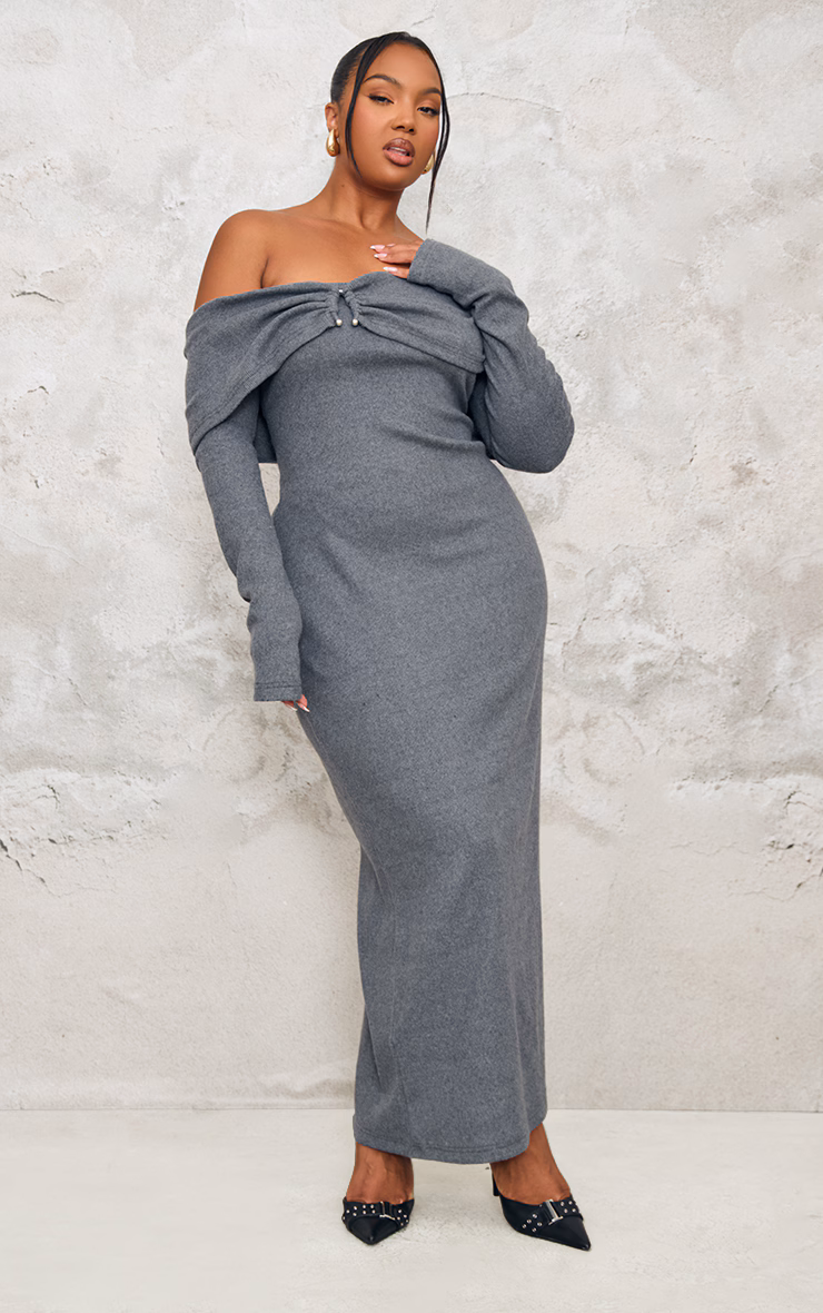 Plus Charcoal Heavy Brushed Rib Bardot Trim Maxi Dress