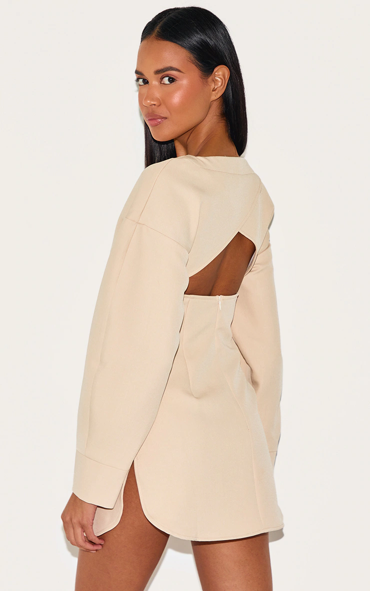 Beige Tailored Long Sleeve Shift Dress
