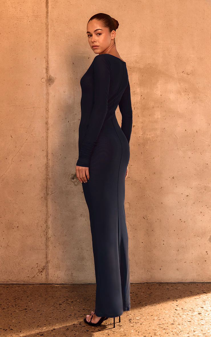 PLT Label Navy Double Layer Mesh Ruched Sleeve Detail Maxi Dress