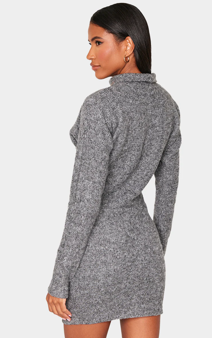 Charcoal Slouchy Ruched Detail High Neck Bodycon Dress