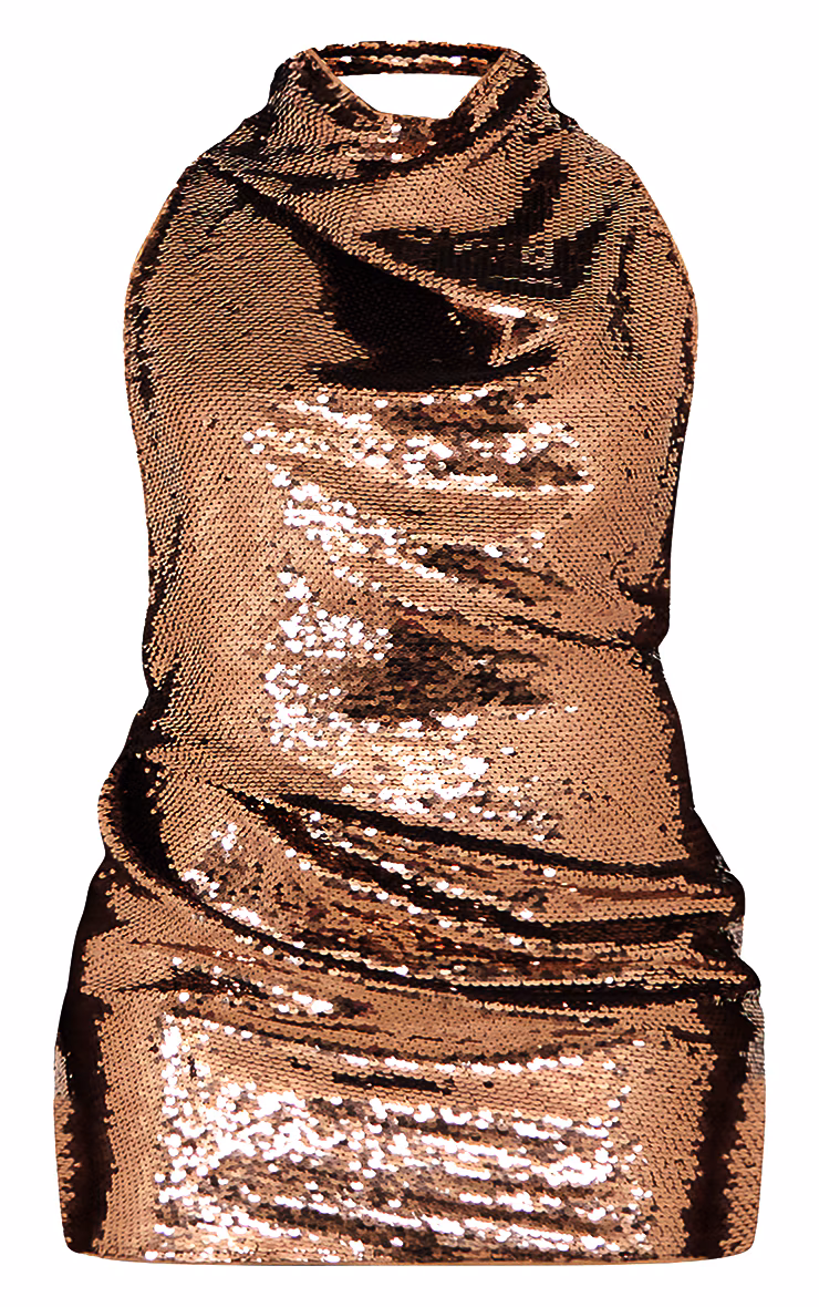 Plus Bronze Sequin High Neck Backless Bodycon Dress