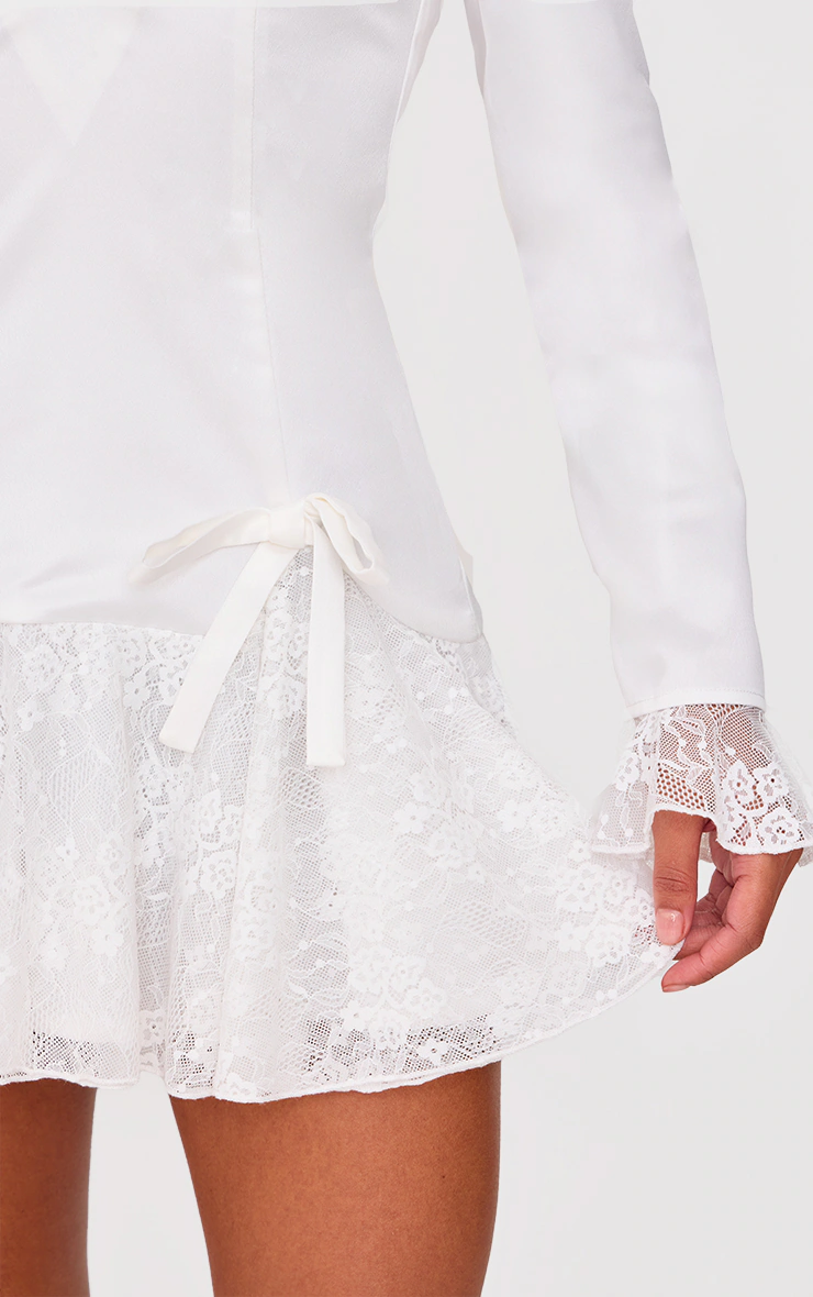 White Satin Lace Trim Bow Blazer Dress