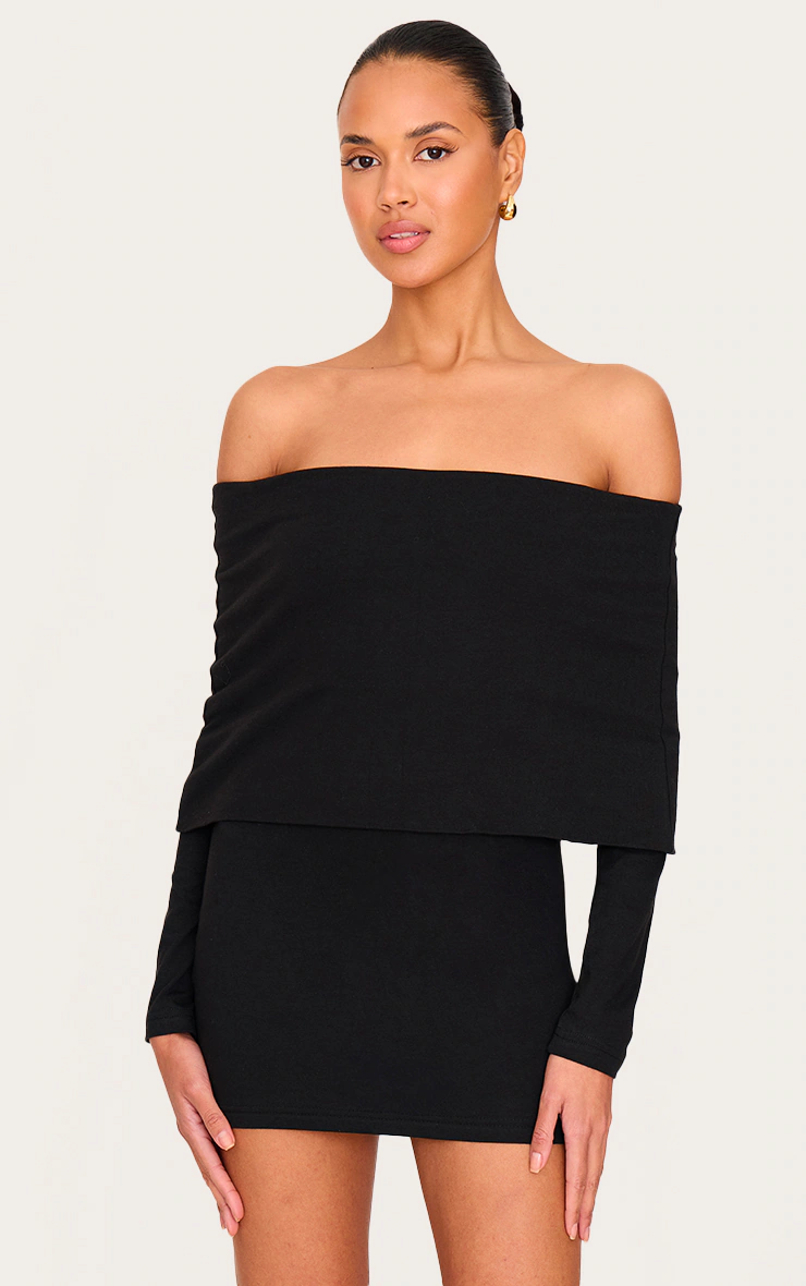 Black Cotton Super Oversized Bardot Mini Dress