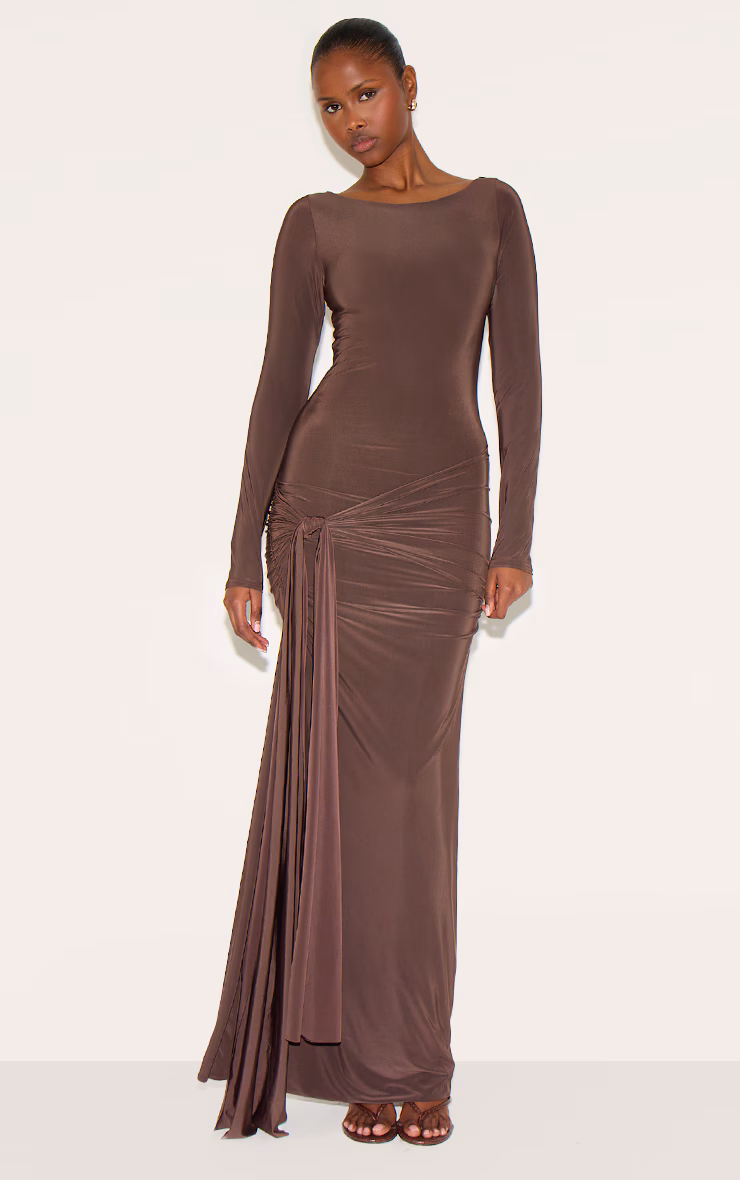 Chocolate Double Layer Slinkyy Drop Waist Knot Detail Maxi Dress