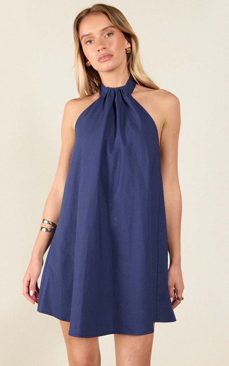 Indigo Blue Linen-Blend Ruched Halterneck Shift Dress