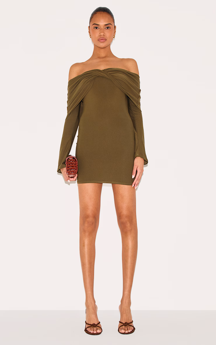 Khaki Soft Touch Twist Detail Bardot Bodycon Dress