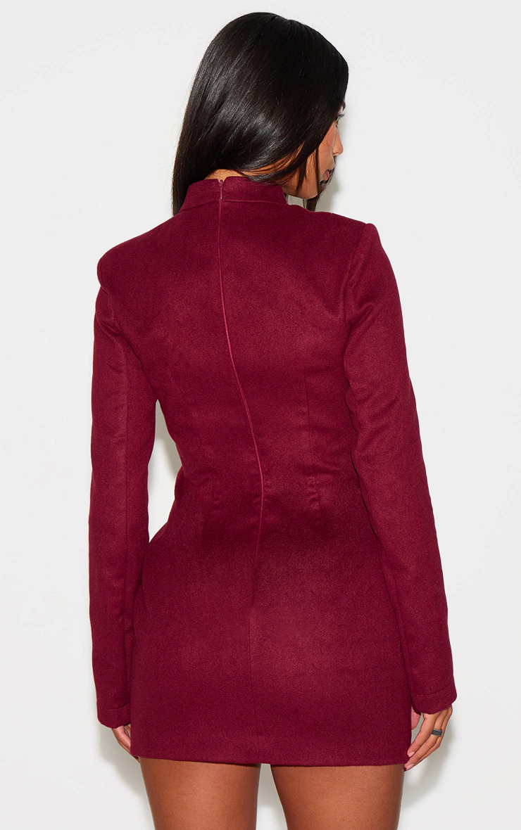 Burgundy Brushed Woven Long Sleeve Button Detail Mini Dress