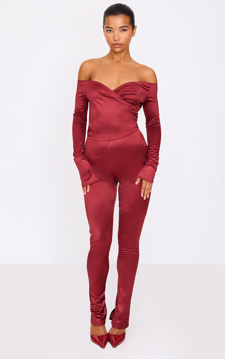 Burgundy Stretch Satin Cross Front Bardot Split Hem Jumpsuit