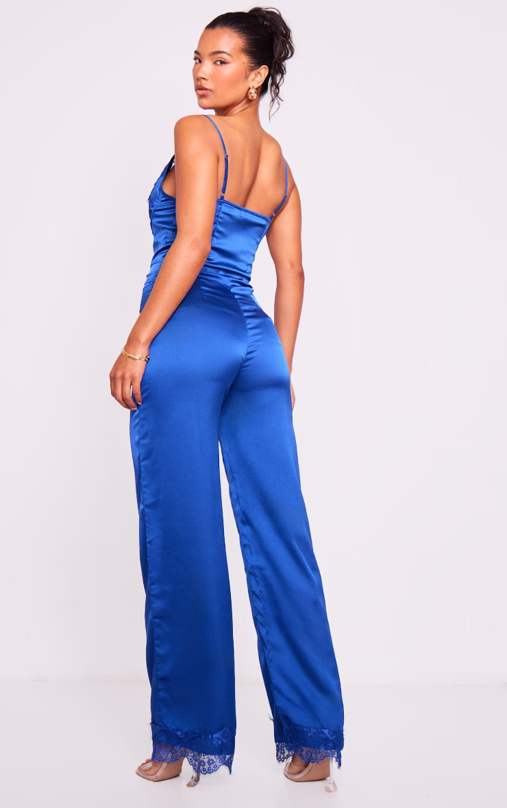 Blue Satin Lace Trim Detail Jumpsuit