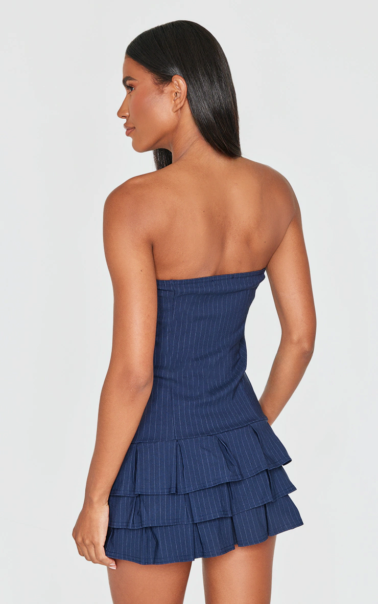 Dark Blue Stitch Detail Bandeau Frilled Shift Dress