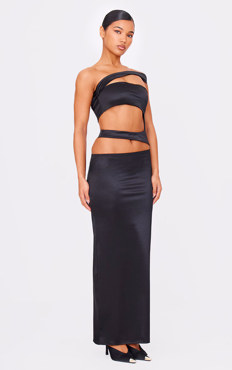 Black Stretch Satin Cut Out Maxi Dress