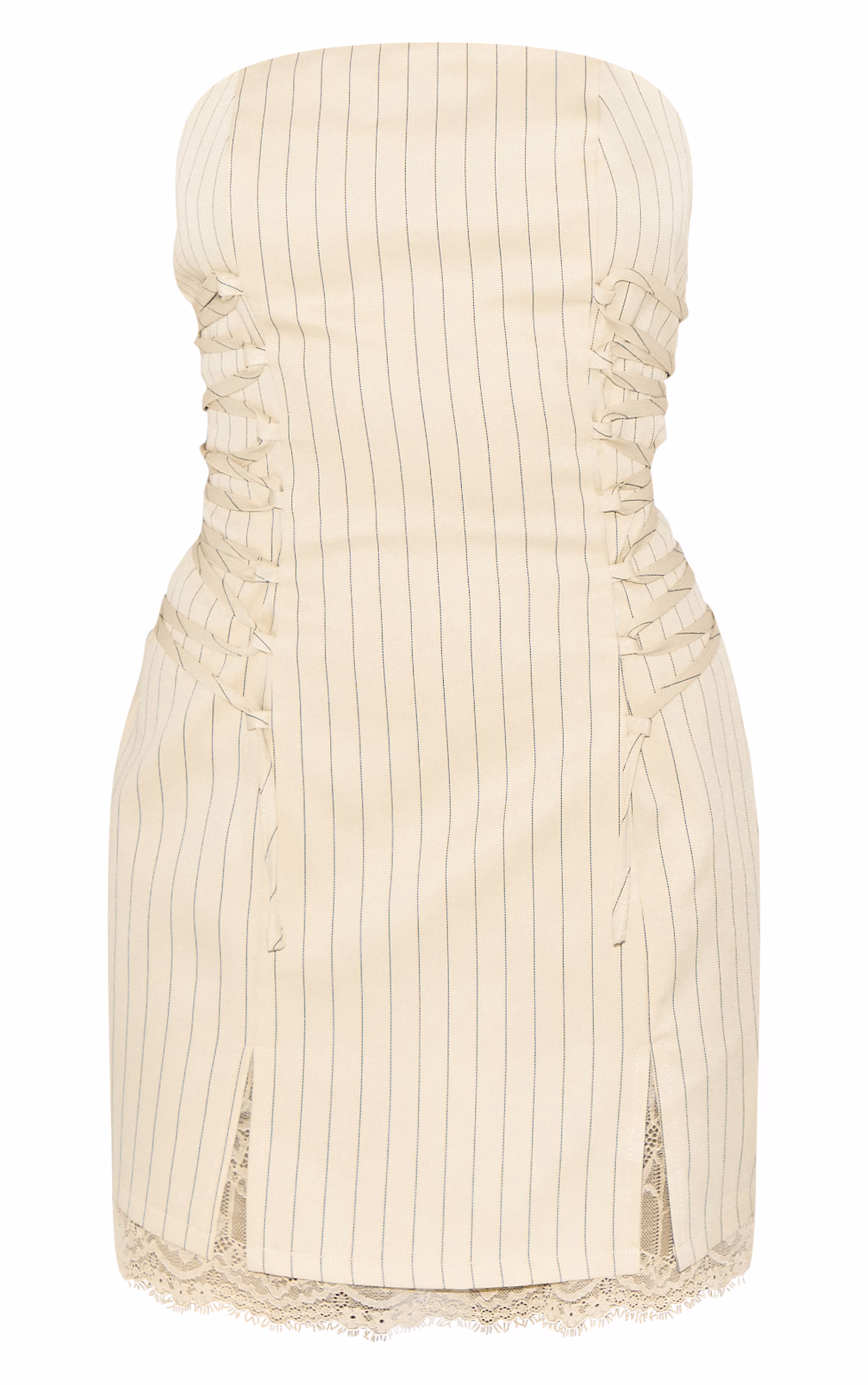Cream Pinstripe Bandeau Lace Trim Shift Dress