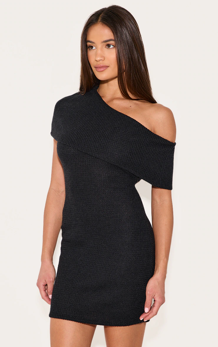 Black Brushed Rib Asymmetric Bodycon Dress