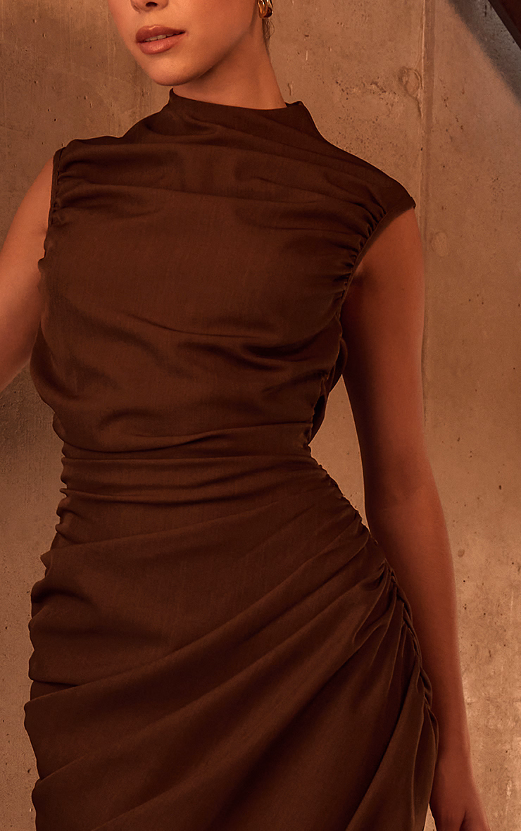 PLT Label Chocolate Brown Ruched Asymmetric Midaxi Dress